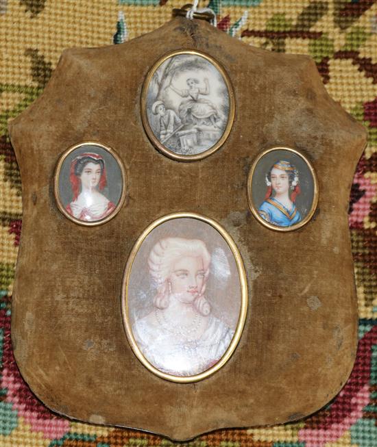 Continental School Miniatures; Portraits of ladies and woman in a park largest 2.5 x 1.75in.
